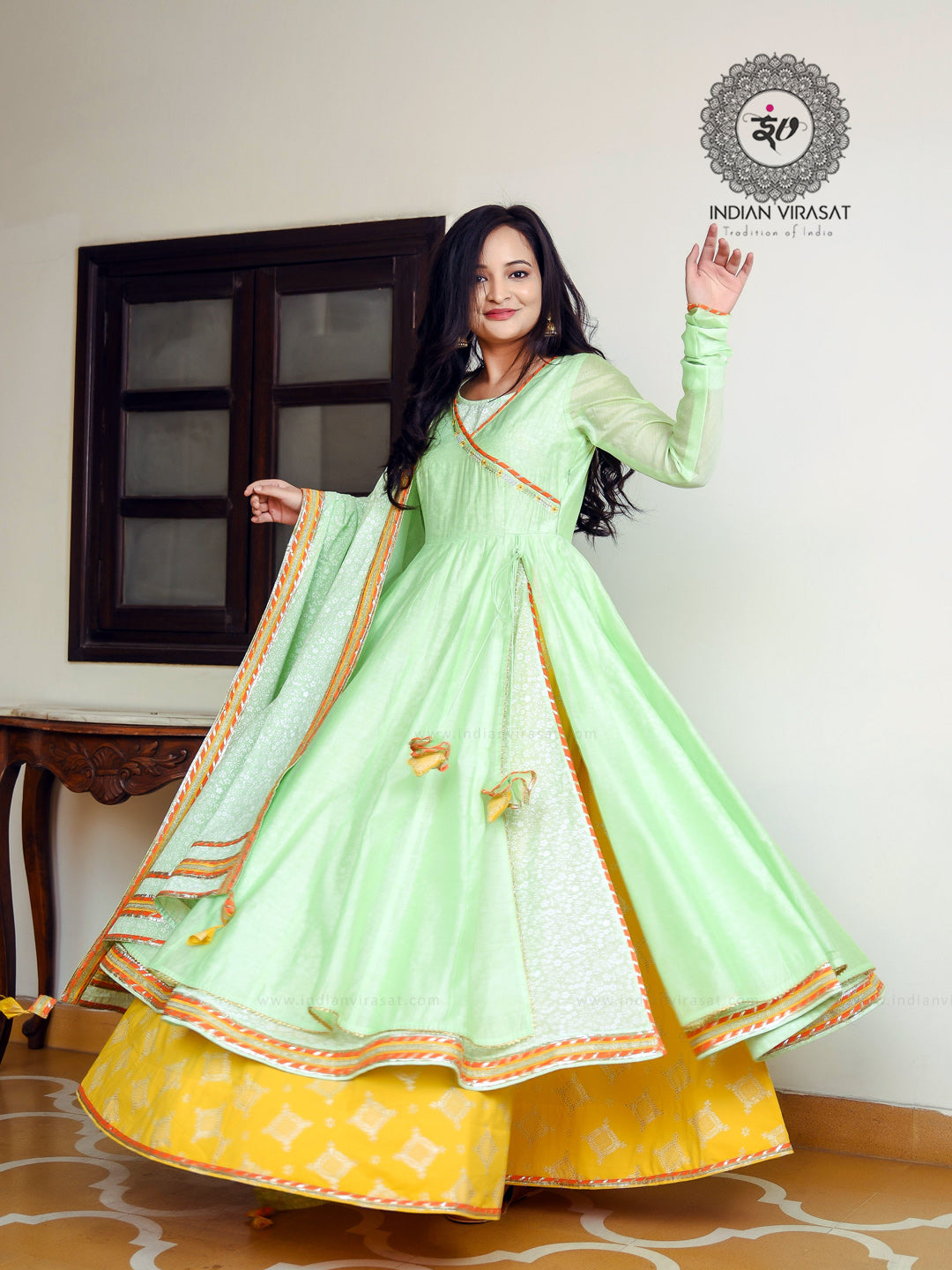 Lime Green Chanderi Anarkali Set – Indianvirasat